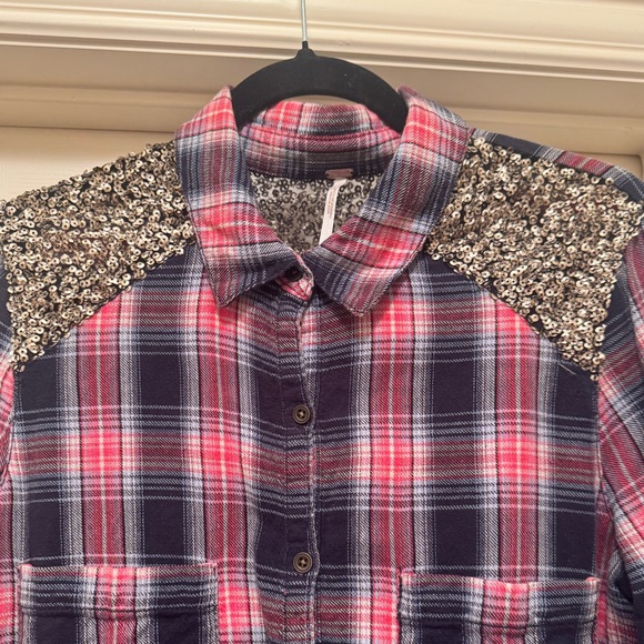 EUC Free People Long Sleeve Plaid Flannel Shirt w/Sequins Size Medium - Picture 5 of 7